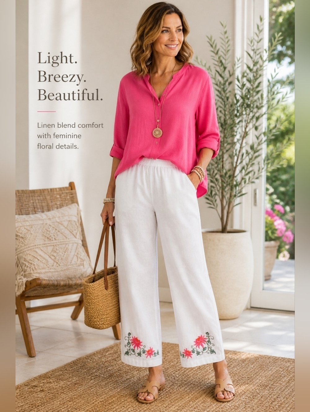 Chadwicks of Boston Linen Blend White Pants Floral Embroidery Elastic Waist
